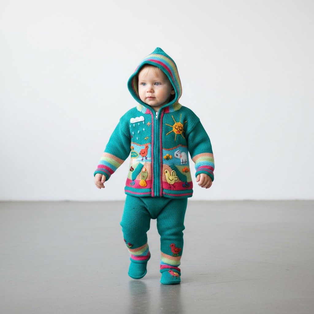Opaal groen Baby wollen gebreid jasje met capuchon – Handgemaakt in Peru