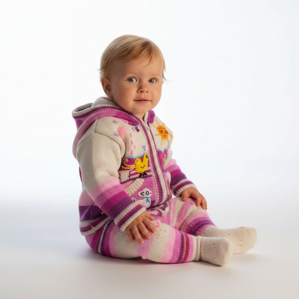 Creme Roze Baby wollen gebreid jasje met capuchon – Handgemaakt in Peru
