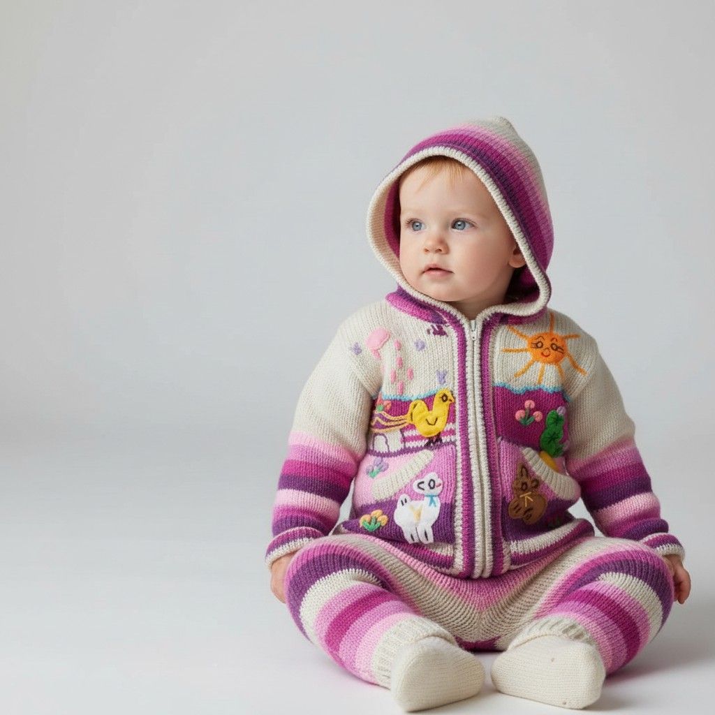 Creme Roze Baby wollen gebreid jasje met capuchon – Handgemaakt in Peru