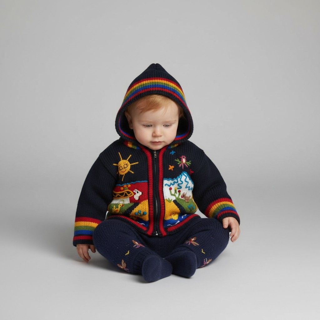 Prachtig handgebreid babyjasje van wol met capuchon, ritssluiting en twee zakken. Traditioneel Peruaans Arpilleria-handwerk met unieke patches. Verkrijgbaar in verschillende kleuren.