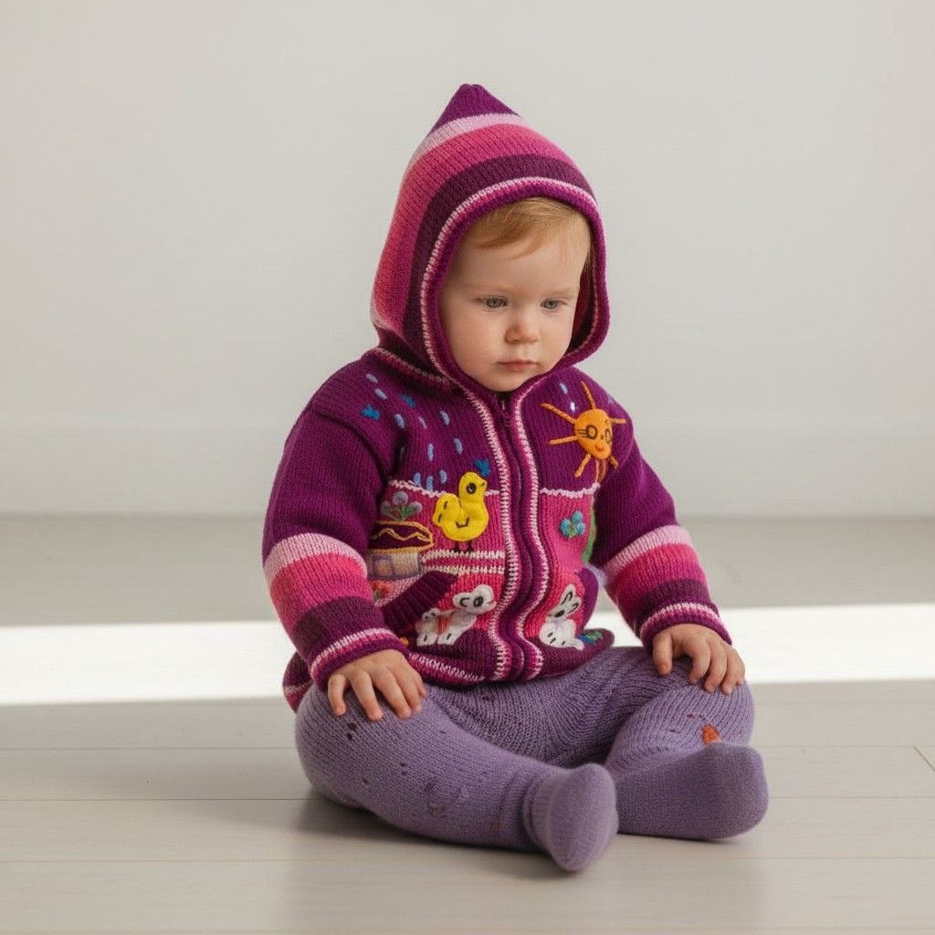 Bes Baby wollen gebreid jasje met capuchon – Handgemaakt in Peru