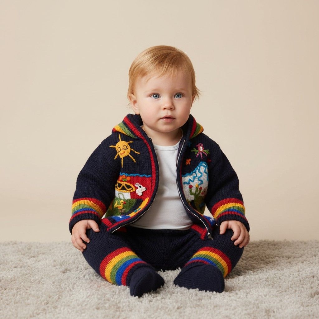 Prachtig handgebreid babyjasje van wol met capuchon, ritssluiting en twee zakken. Traditioneel Peruaans Arpilleria-handwerk met unieke patches. Verkrijgbaar in verschillende kleuren.