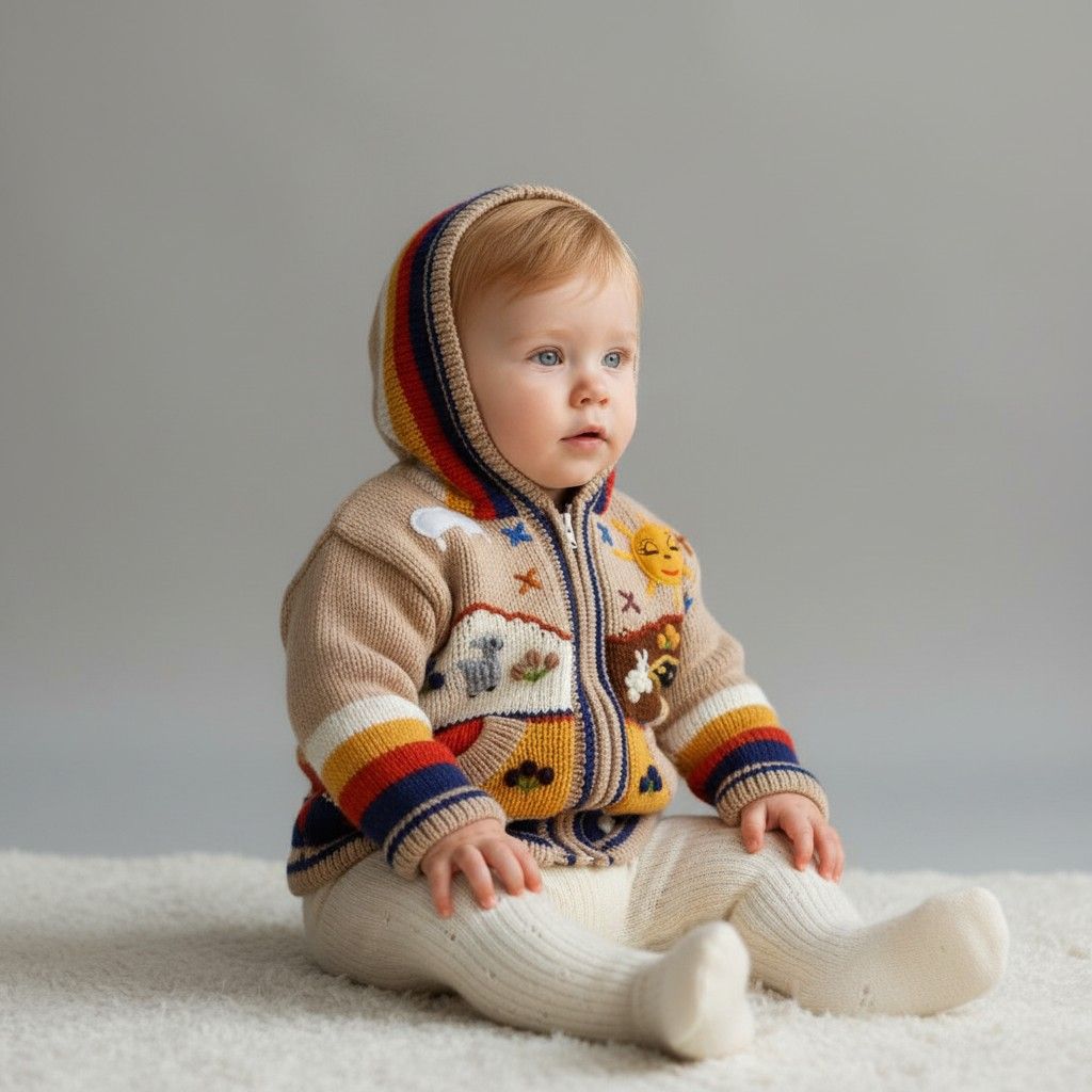 Beige Baby wollen gebreid jasje met capuchon – Handgemaakt in Peru