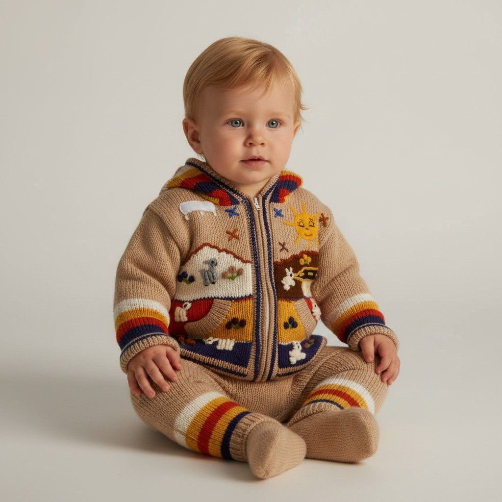 Beige Baby wollen gebreid jasje met capuchon – Handgemaakt in Peru