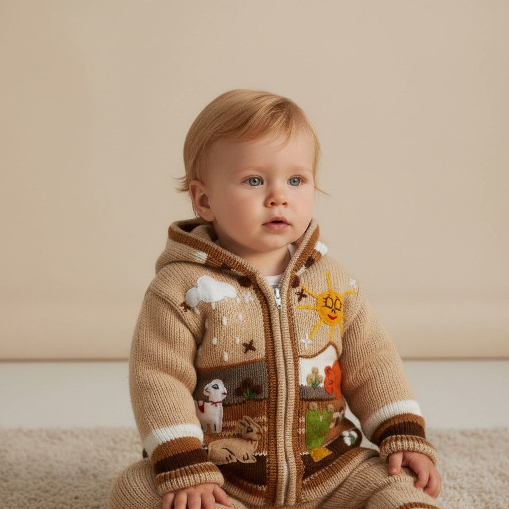 Licht beige Baby wollen gebreid jasje met capuchon – Handgemaakt in Peru