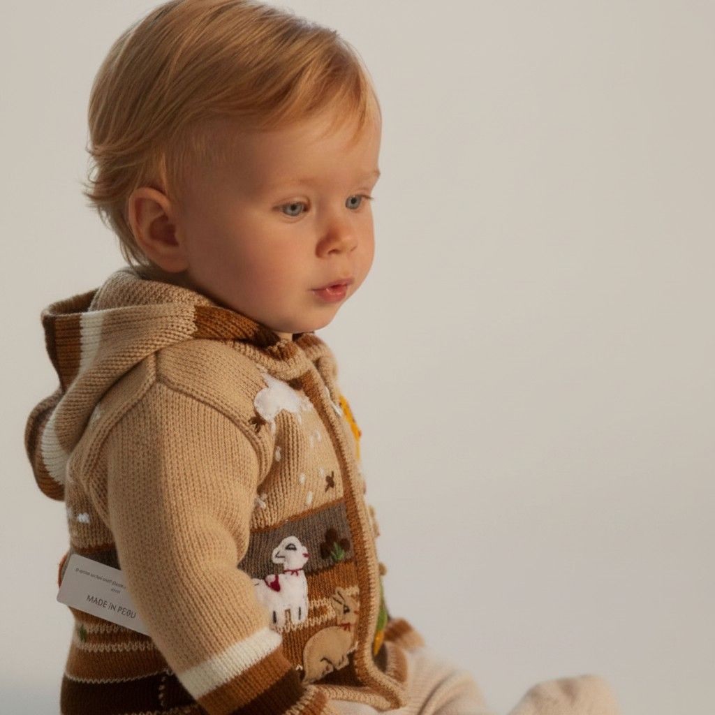 Licht beige Baby wollen gebreid jasje met capuchon – Handgemaakt in Peru