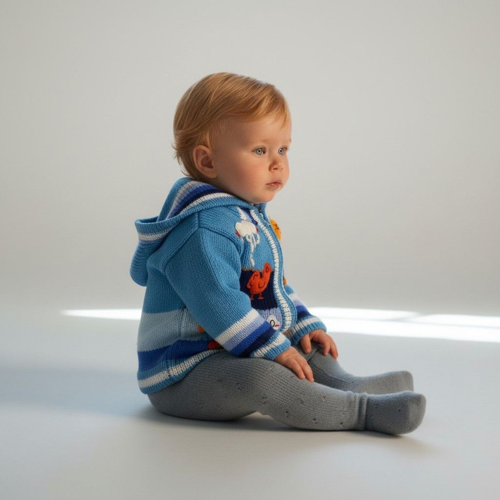 Licht blauw Baby wollen gebreid jasje met capuchon – Handgemaakt in Peru