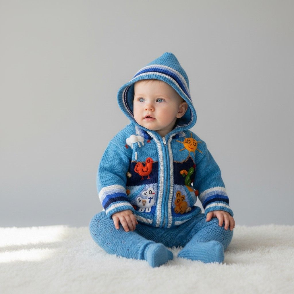 Licht blauw Baby wollen gebreid jasje met capuchon – Handgemaakt in Peru