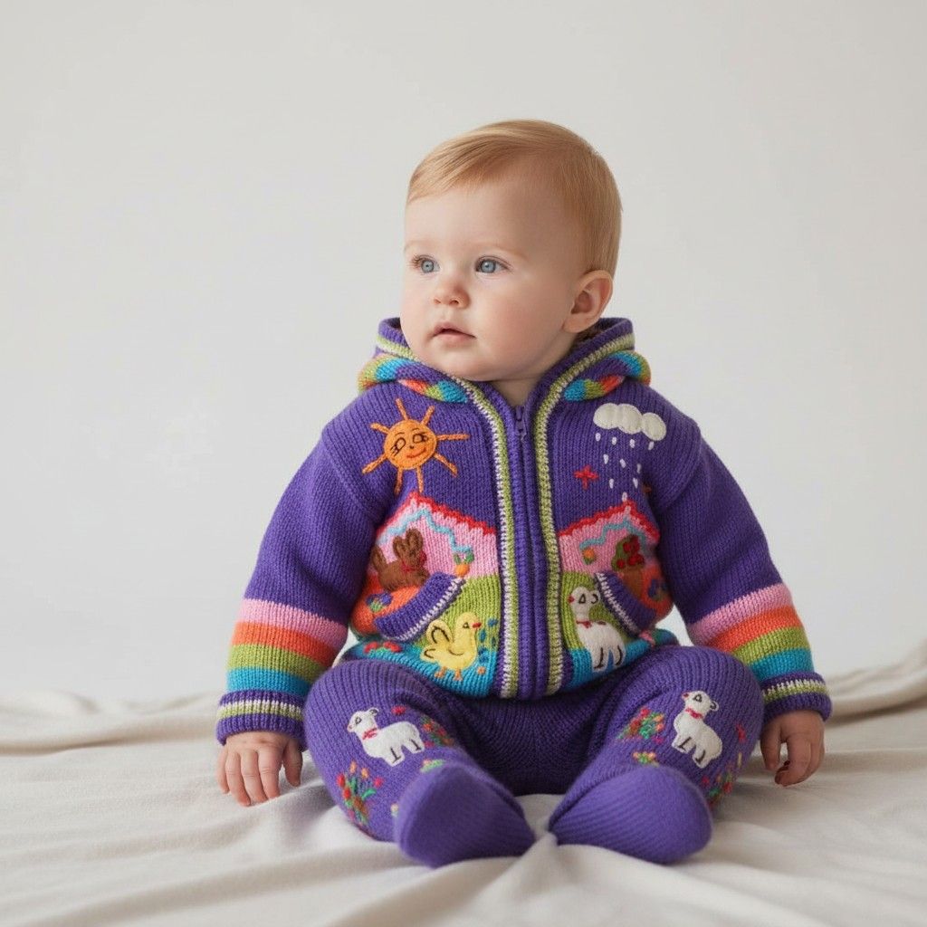 Violet Baby wollen gebreid jasje met capuchon – Handgemaakt in Peru