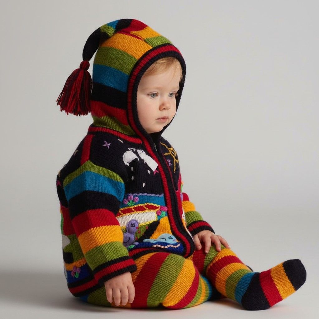 Marine blauw Baby wollen gebreid jasje met capuchon – Handgemaakt in Peru