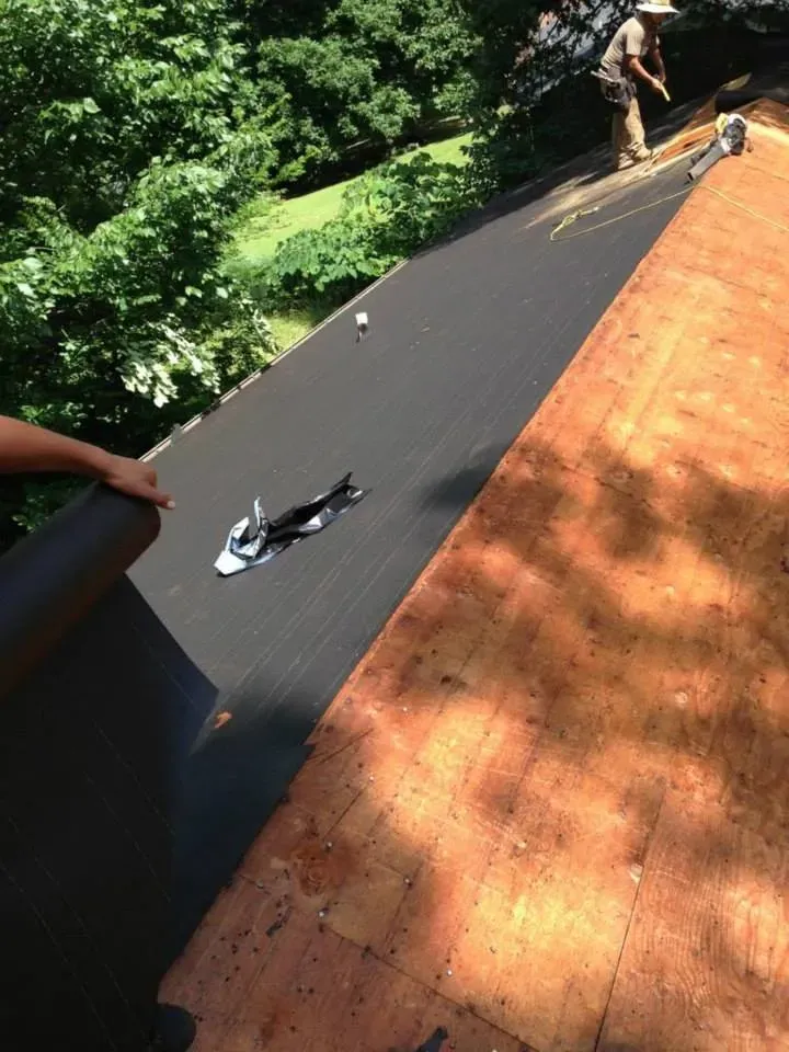 A man is standing on top of a roof with trees in the background.