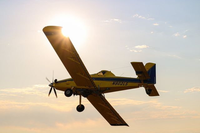 A yellow and blue airplane with the letters n4223 on the side is flying in the sky