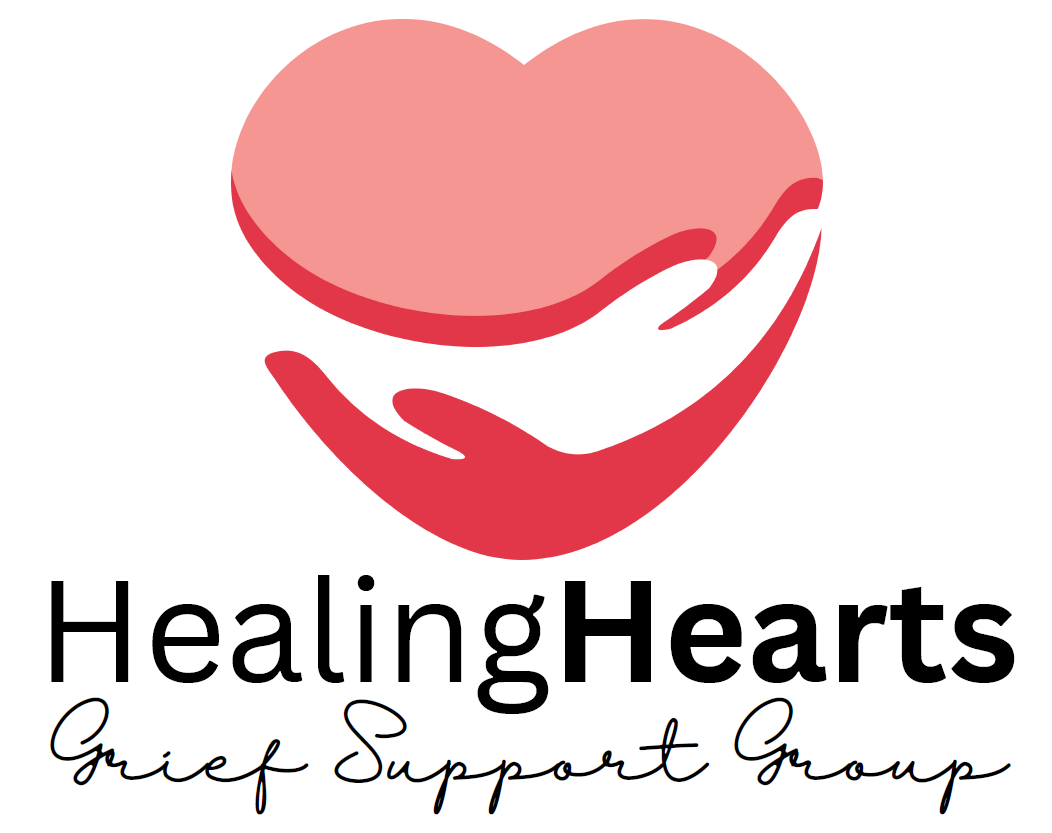 Red hands cupping a pink heart, logo for Healing Hearts Grief Support Group.