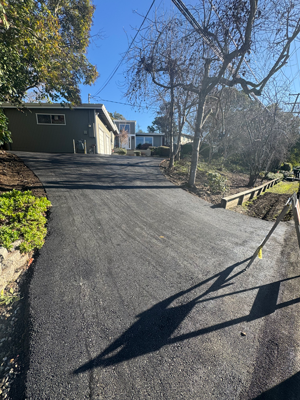 A newly paved driveway leading to a house.