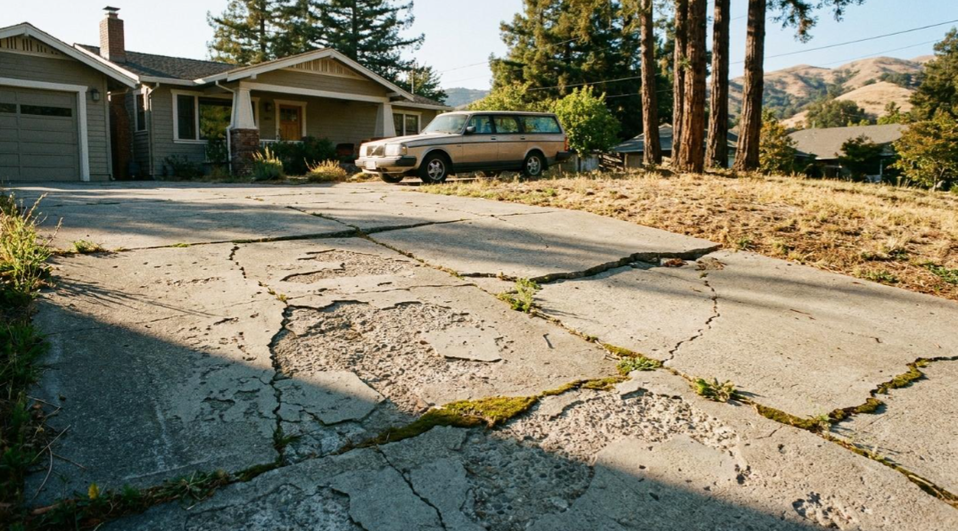Cracked concrete driveway beside a house and parked SUV in a dry, wooded yard