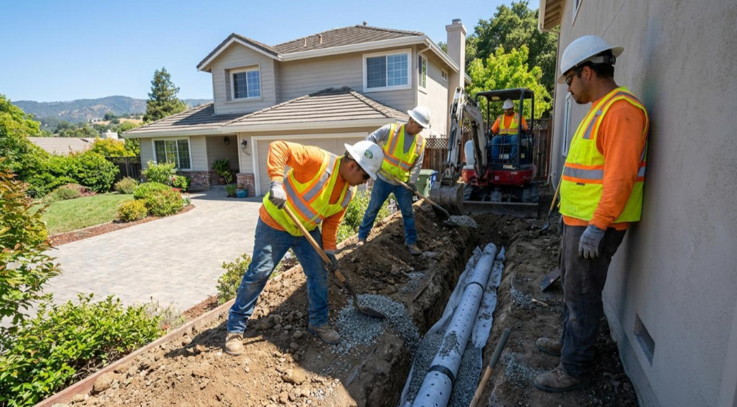 Construction workers installing underground pipes beside a suburban house under a bright sky