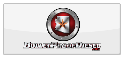 Logo for BulletProofDiesel.com: metal circle with Arizona map, star, and text on a white rectangle.