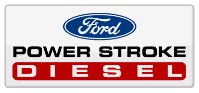 Ford Power Stroke Diesel logo.  Blue Ford oval on white background. Black 