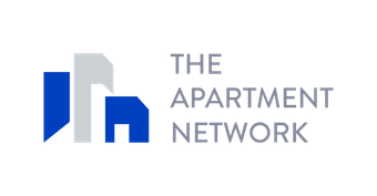 The apartment network logo is a blue and gray logo with a building in the middle.
