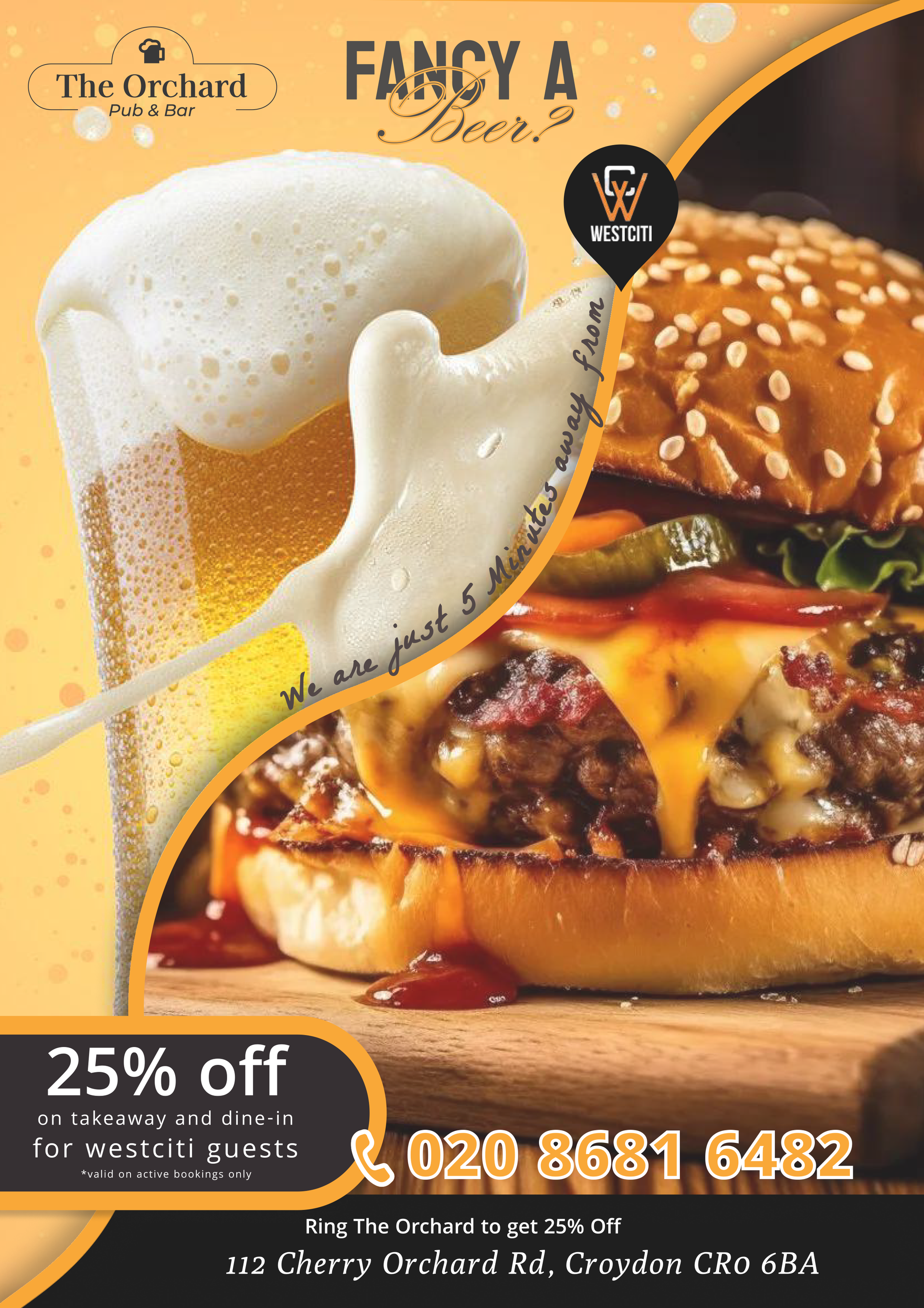 A hamburger and a glass of beer are on a poster.