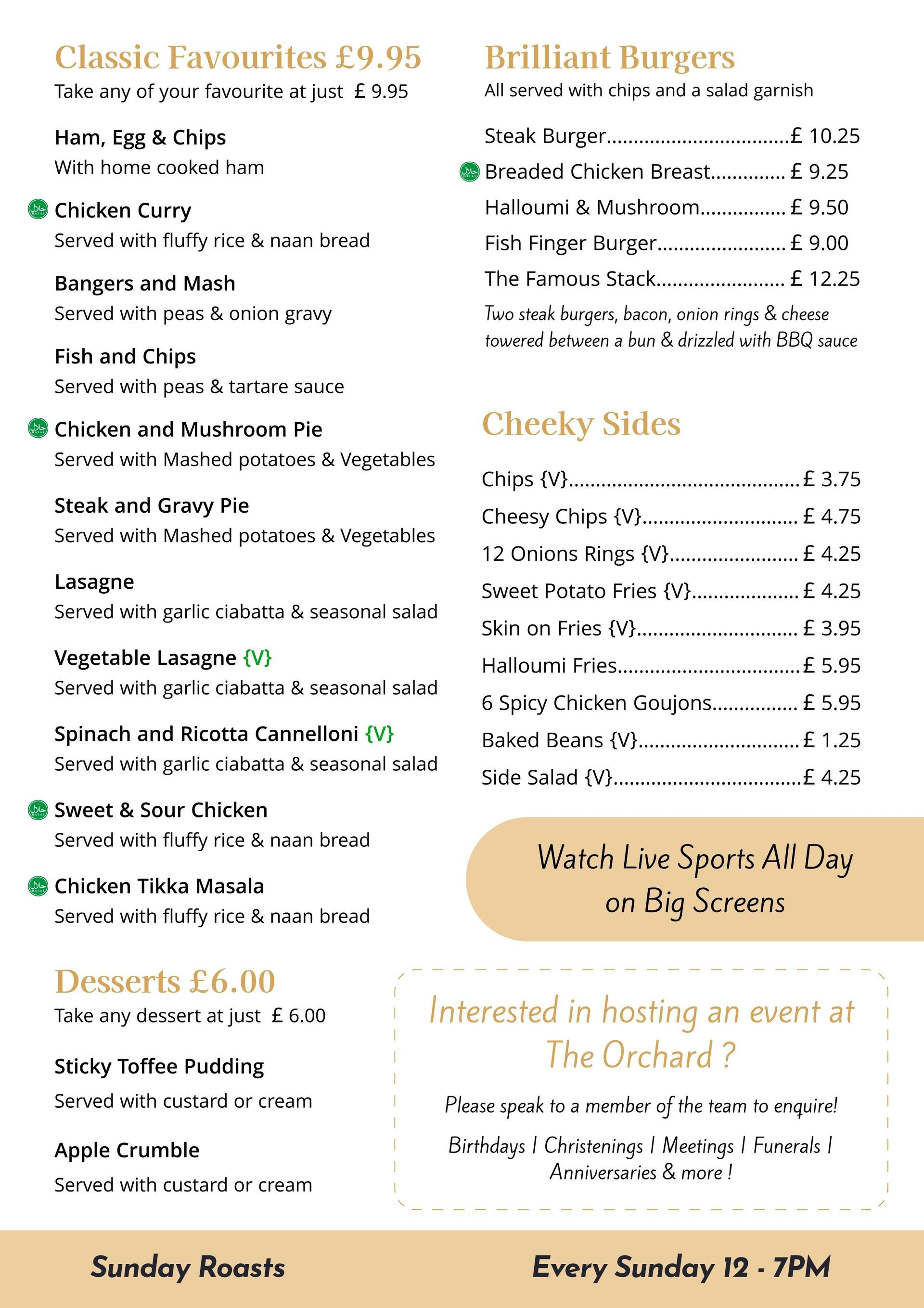 A menu for a restaurant shows classic favourites and brilliant burgers