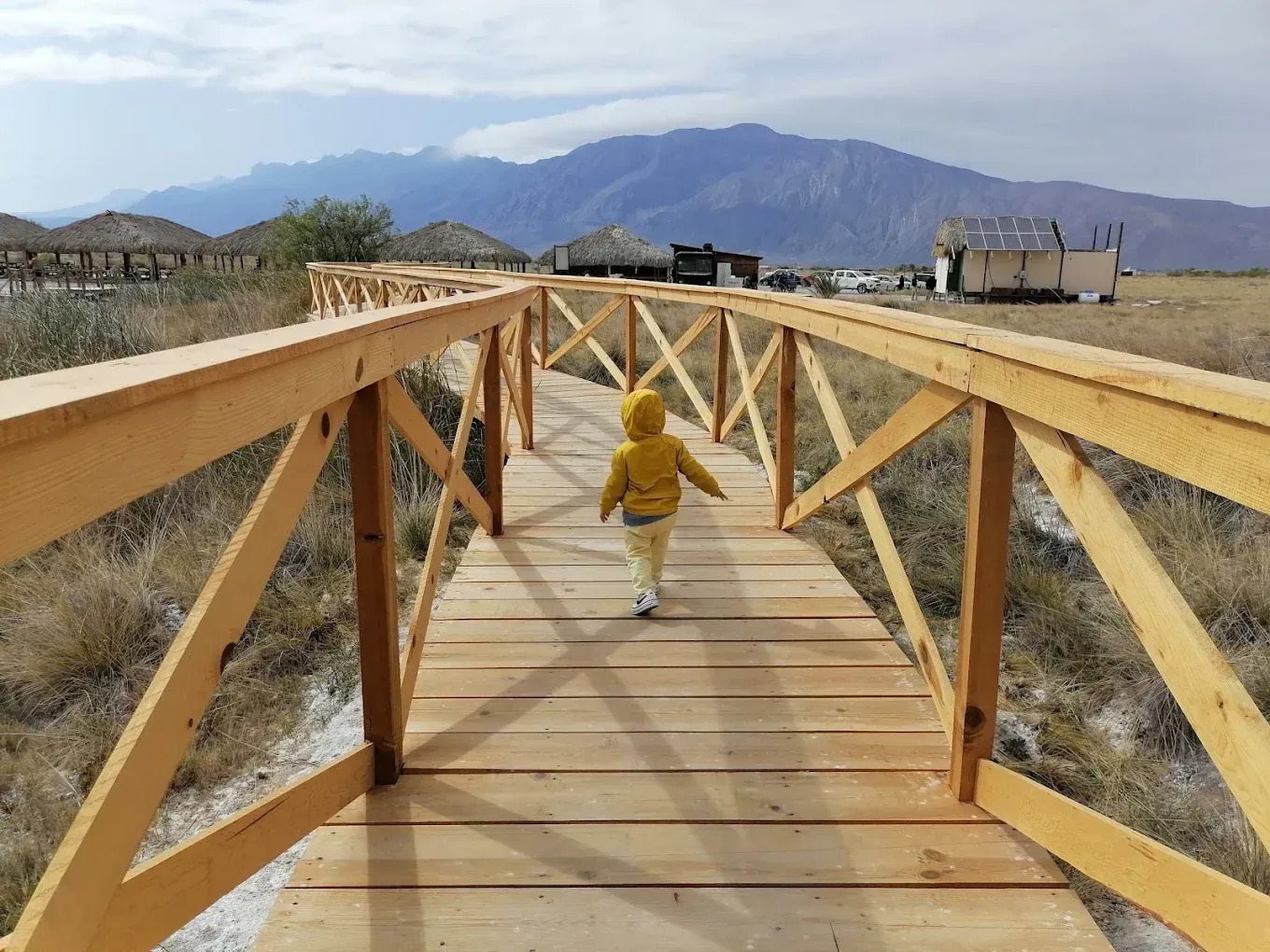 Un niño pequeño camina sobre un puente de madera.