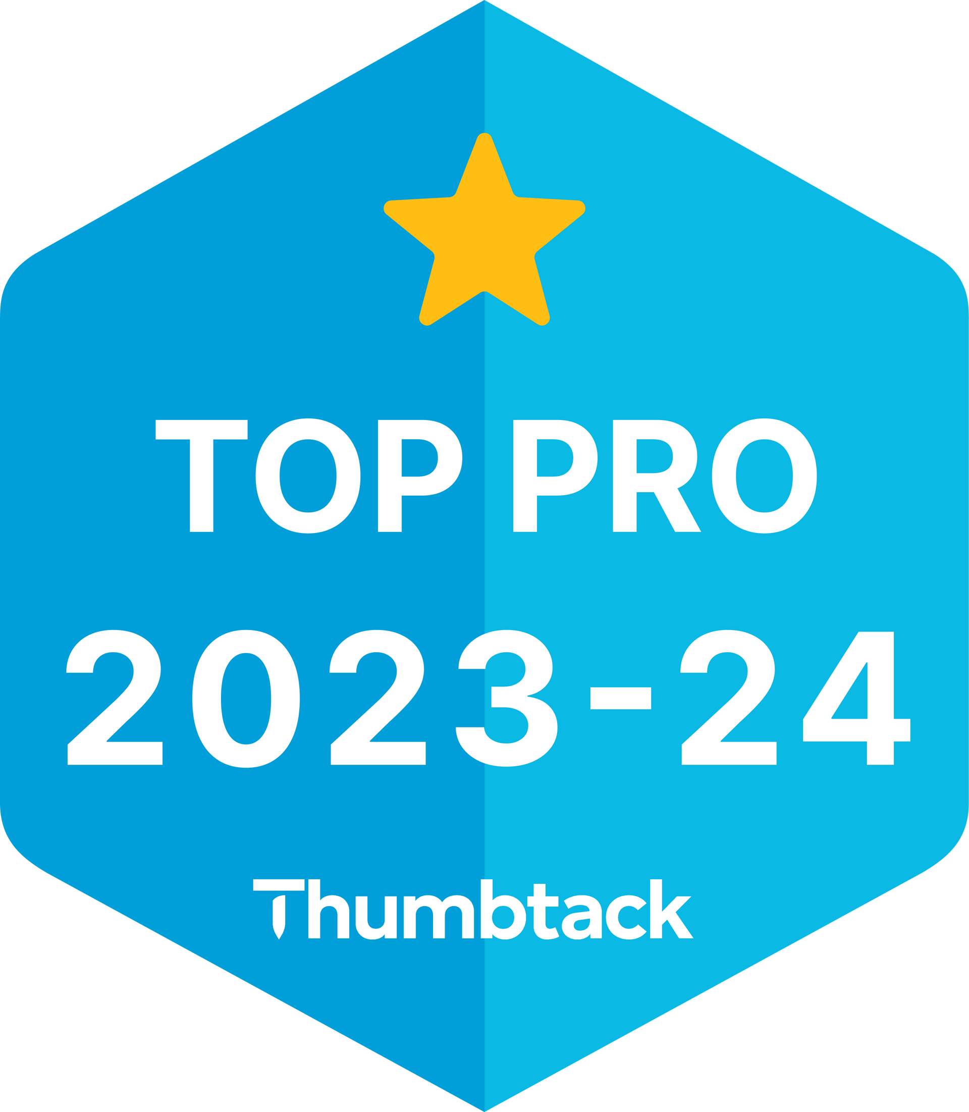 A blue badge with a yellow star on it that says top pro 2023-24 thumbtack.