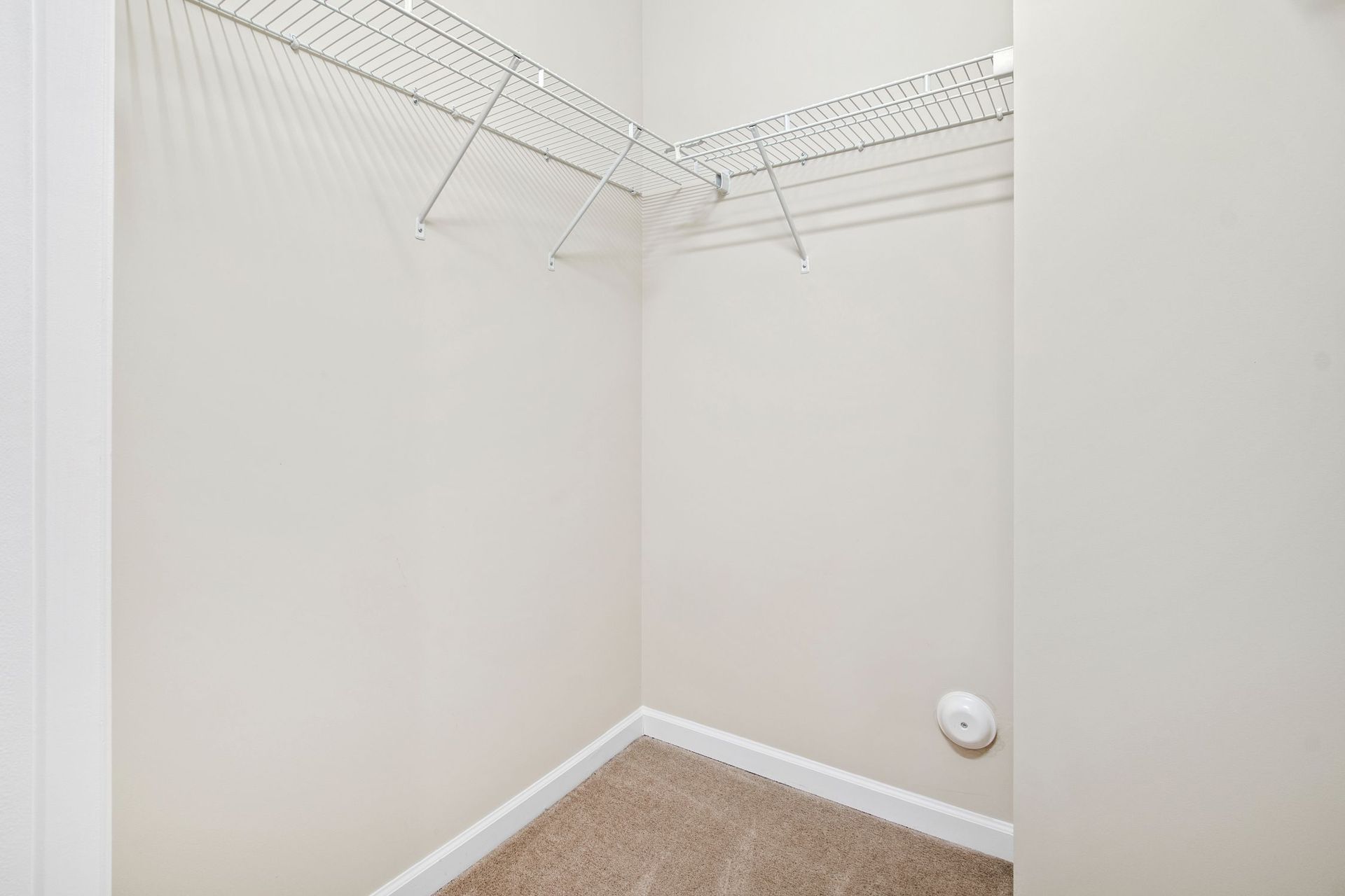 Empty walk-in closet with wire shelving and beige walls.