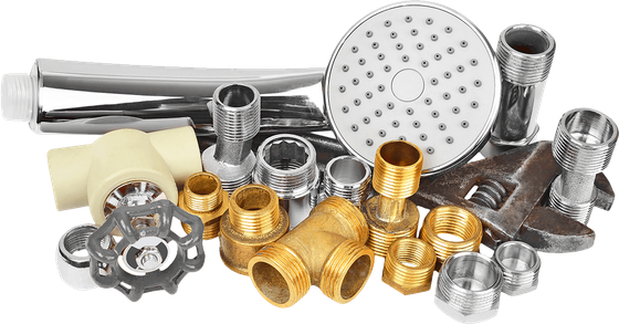 A bunch of plumbing parts are sitting on top of each other on a white background.