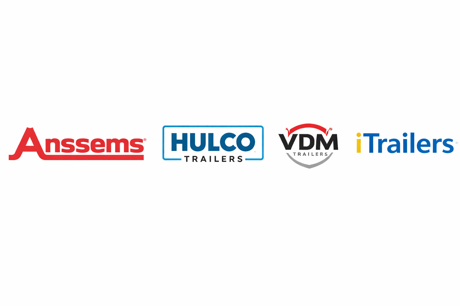 De logo's van Anssems, Hulco Trailers, VDM en iTrailers horizontaal op een witte achtergrond.