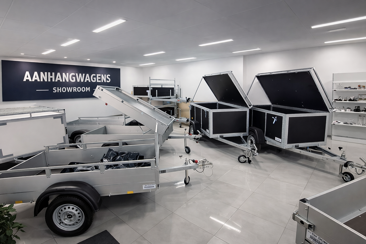 In een lichte, moderne showroom staan diverse aanhangwagens tentoongesteld, met een bord waarop staat: