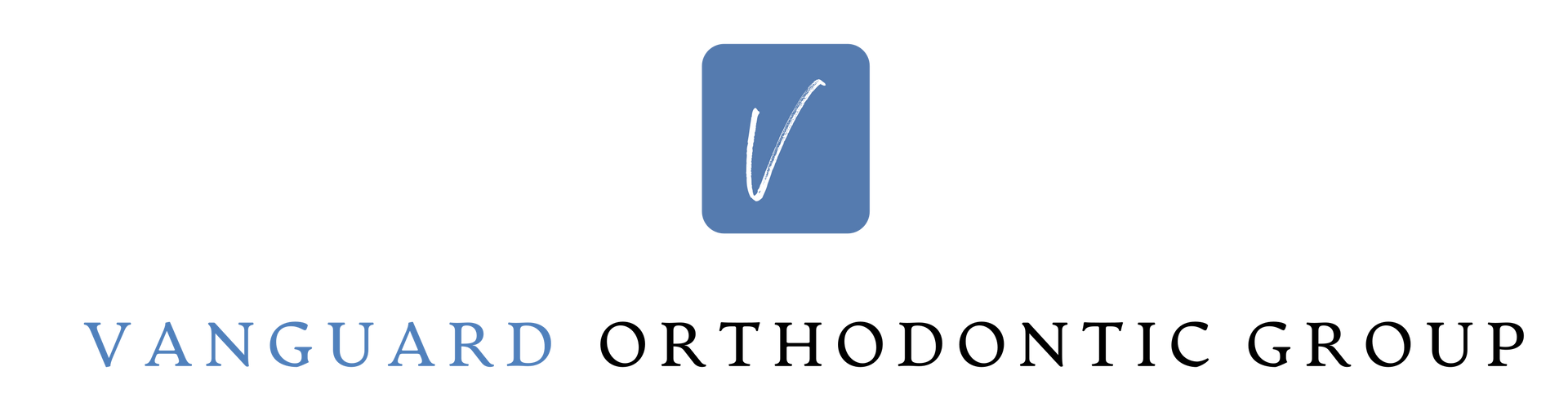Logo of Vanguard Orthodontic Group. Blue square with a stylized 