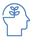 Blue outline of a head with a plant growing out of it, symbolizing growth and learning.
