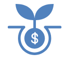 Blue icon of a coin with dollar sign sprouting leaves, representing investment growth.