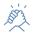 Two hands clasped together in a handshake, with radiating lines.