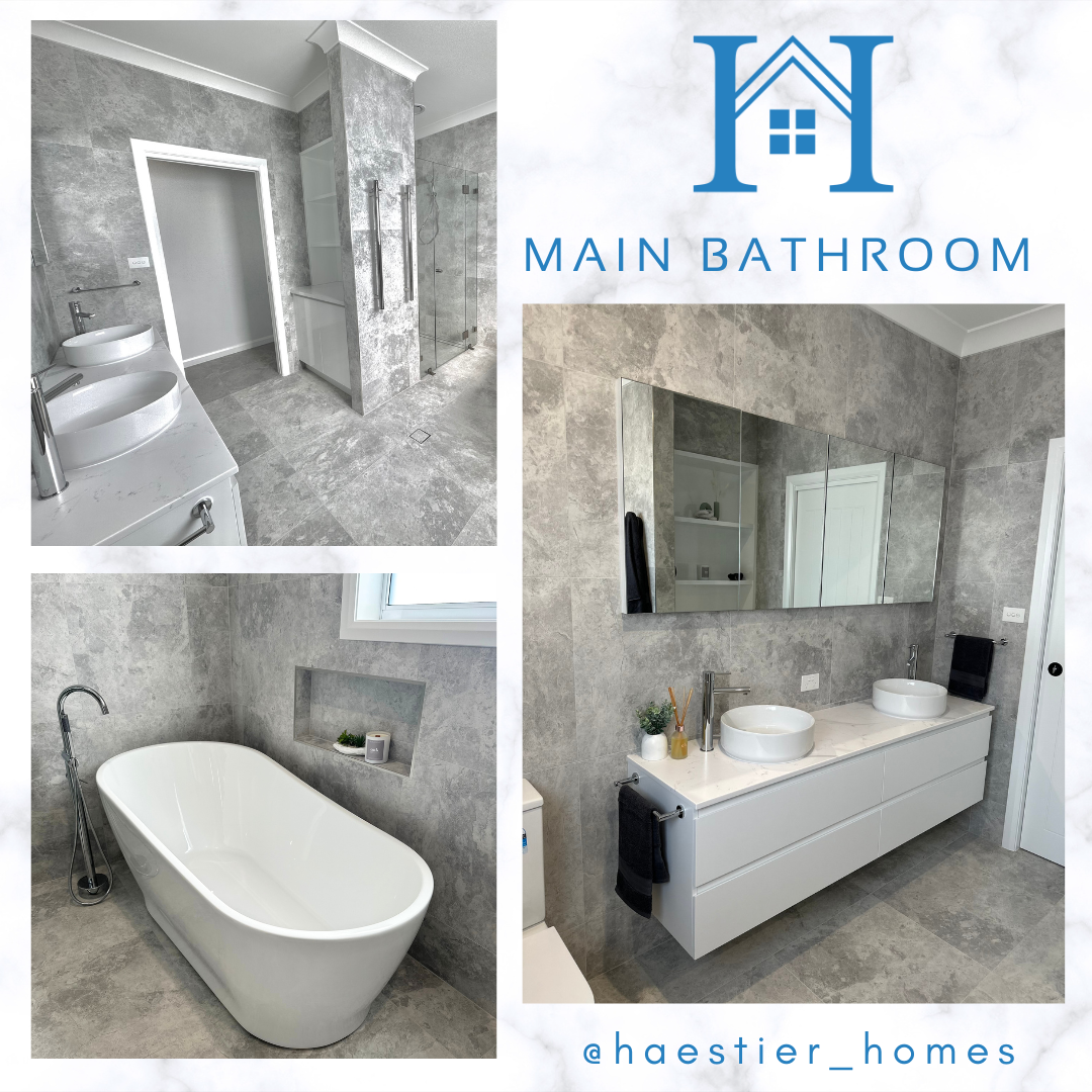 A collage of photos of a bathroom with the words main bathroom