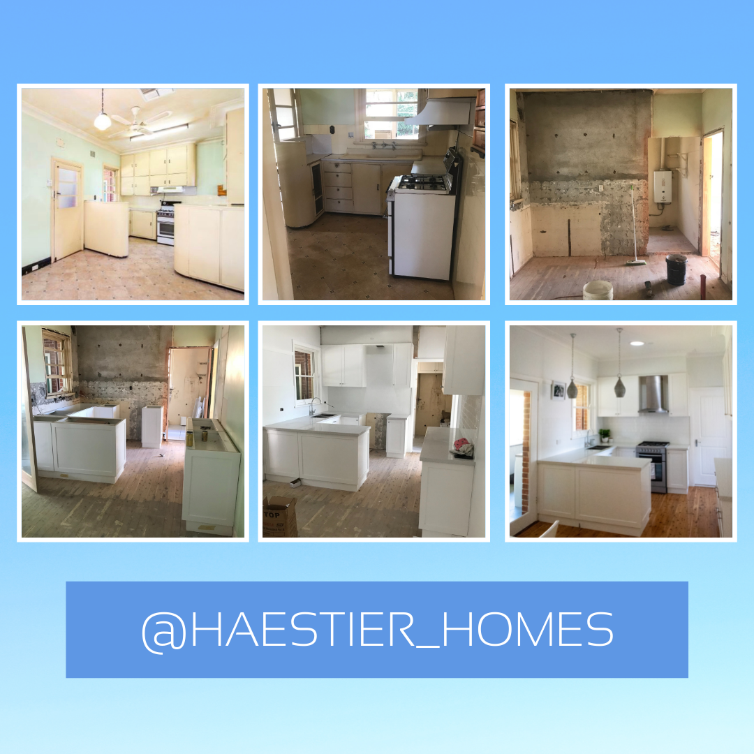 A collage of pictures of a kitchen with the words @haestier_homes at the bottom