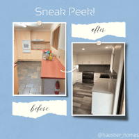A before and after picture of a kitchen with the words sneak peek !