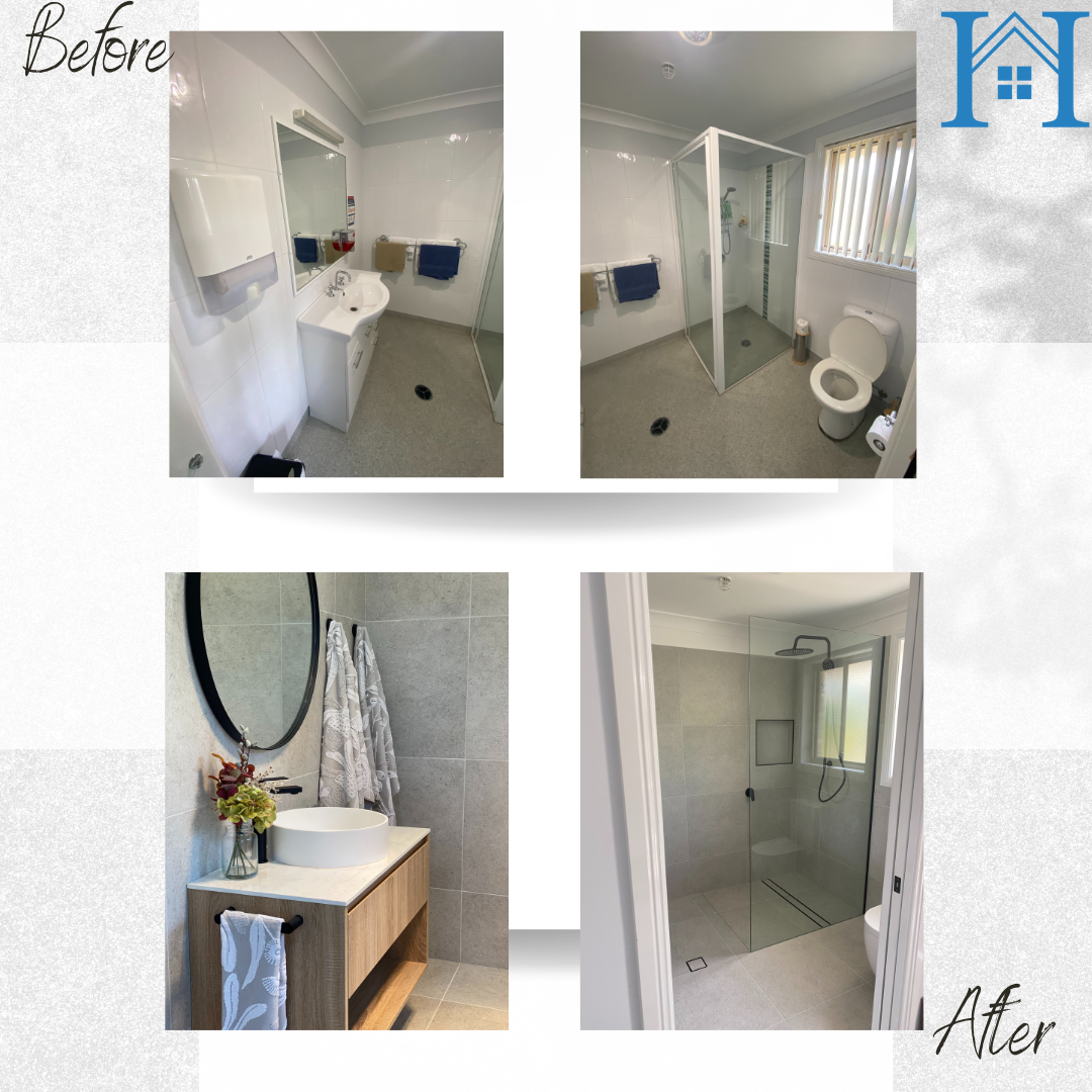 A before and after photo of a bathroom with a sink and toilet