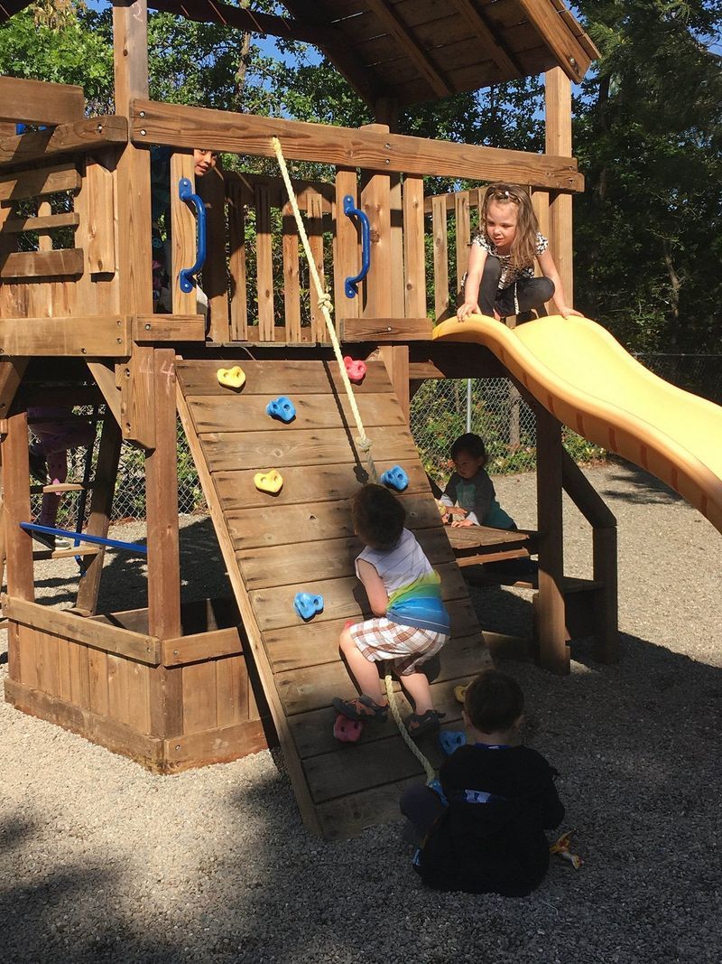 A group of children are playing on a wooden playground set