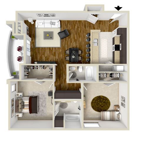Floor plan of a modern apartment with living areas, two bedrooms, and two bathrooms.