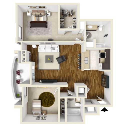 Floor plan of a two-bedroom apartment. Includes a kitchen, living area, and bathrooms. Brown wood flooring.