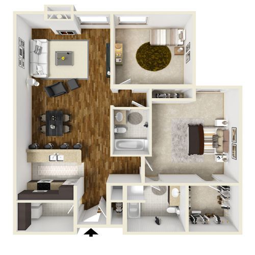 Floor plan of an apartment, showing living room, dining area, kitchen, two bedrooms, and two bathrooms.