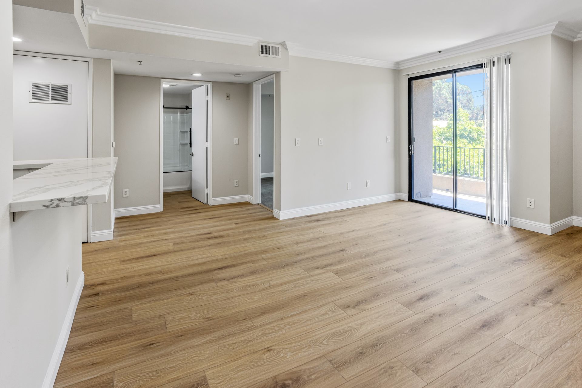 Empty apartment interior with wood flooring, light walls, and sliding glass door to a balcony.