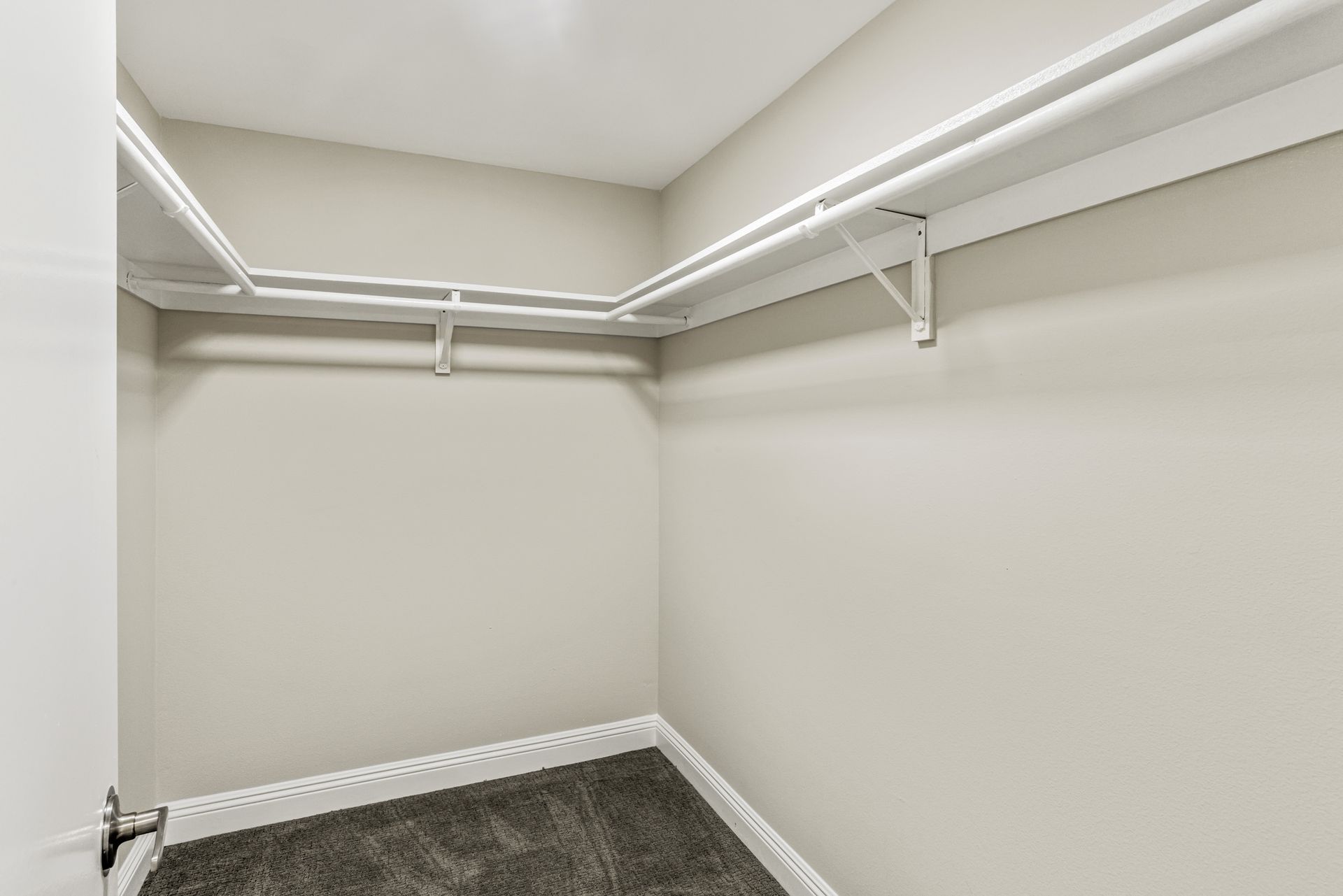 Empty walk-in closet with white shelves and a rod against neutral-colored walls, carpeted floor.