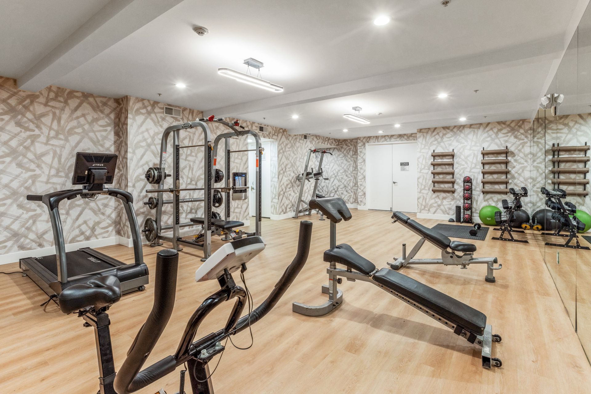 Gym interior with workout equipment: treadmill, elliptical, weight rack, bench, and exercise balls.