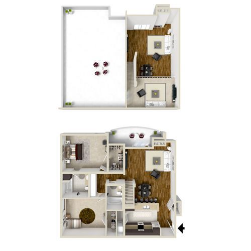 Floor plan of a two-story residence, showing rooms and layout with furniture placement.