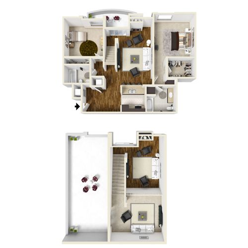 Two-story floor plan: upper level with living spaces, lower level with a bedroom and open area.