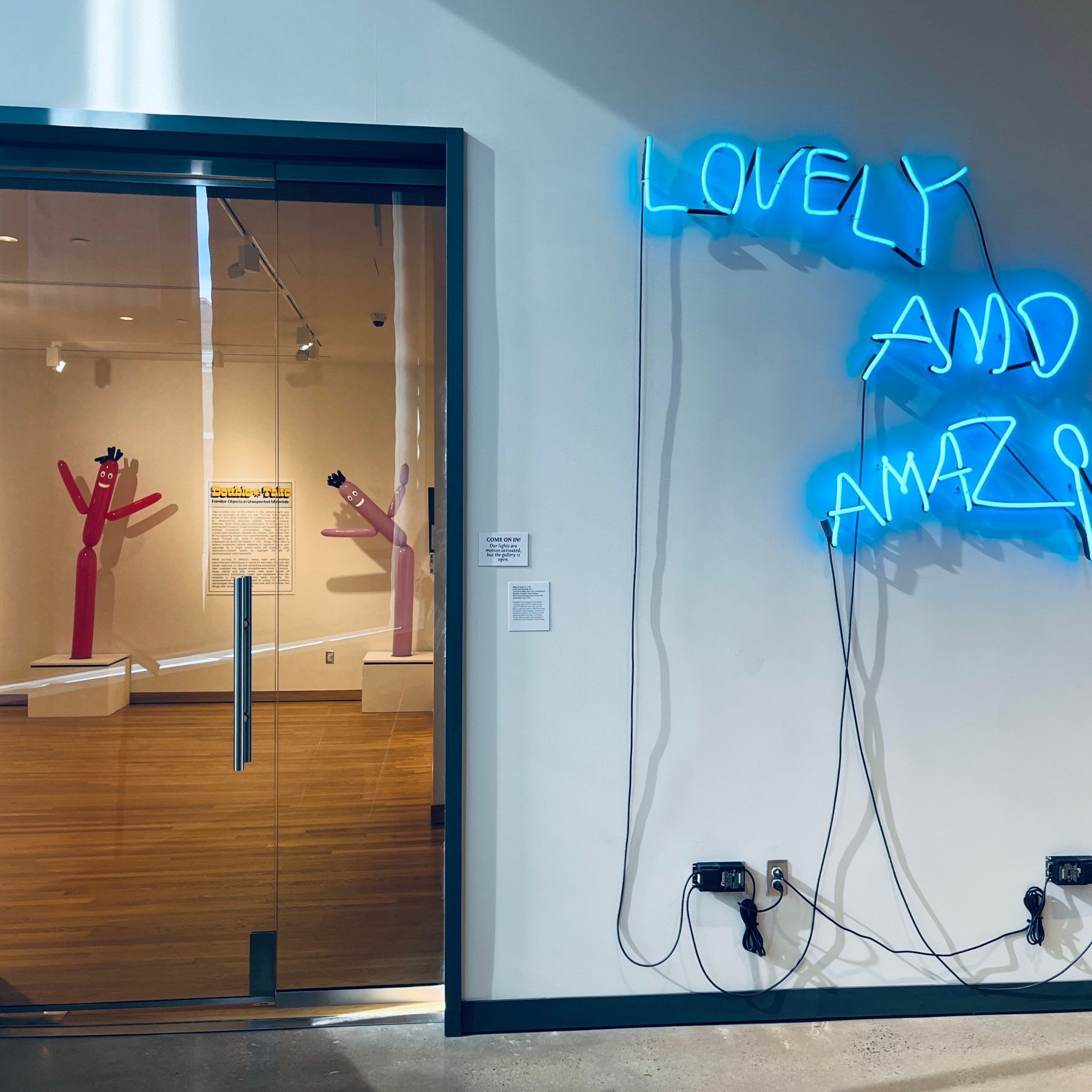 A neon sign on a wall says lovely and amazing