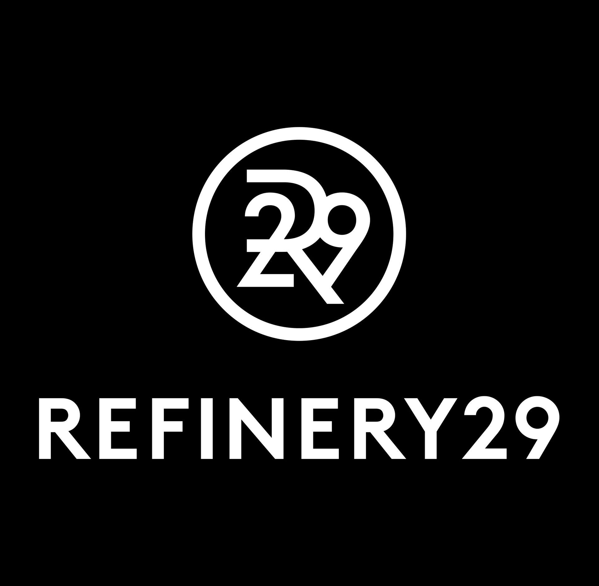 The refinery29 logo is white on a black background.